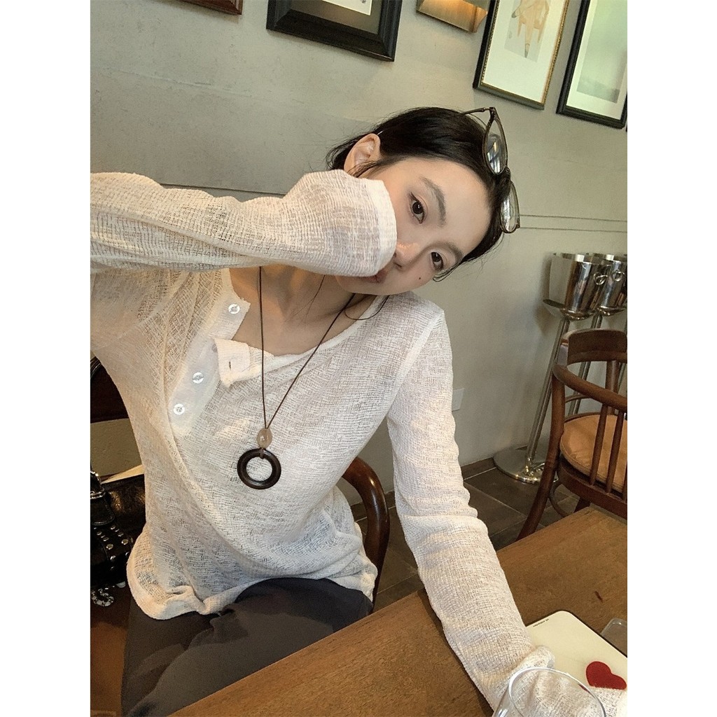 ชีสสีดำ BLACK ~ Taiwei Qianjin เสื้อเบลาส์ทรงหลวมแขนยาวแบบบางแมทช์ลุคง่าย