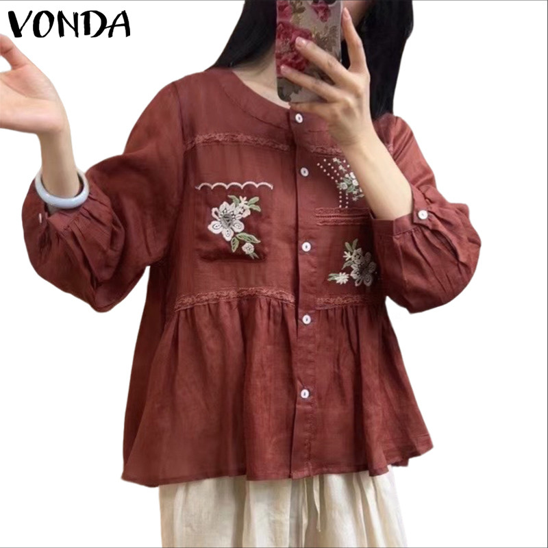 VONDA เสื้อแขนยาวสไตล์เกาหลีสำหรับผู้หญิง ดีไซน์ลูกไม้ประณีตและเนื้อผ้ายืดหยุ่น พร้อมขาย