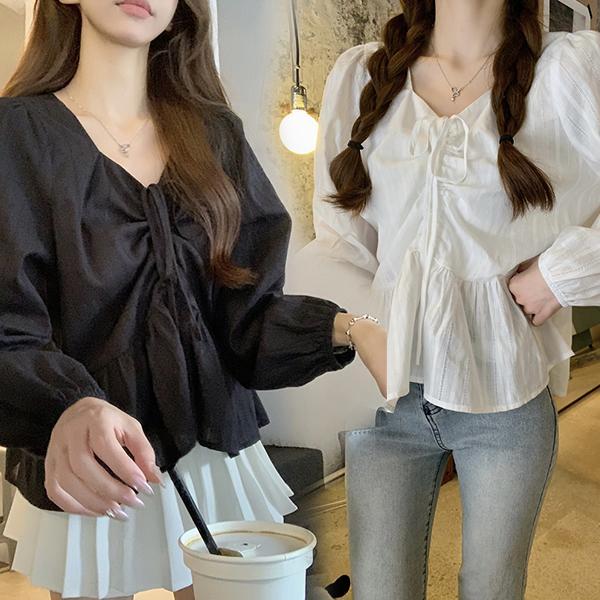 mimi&didi#เสื้อเชิ้ตคอวีสไตล์ฝรั่งเศสสำหรับผู้หญิง เสื้อท็อปสีดำ ต้นฤดูใบไม้ผลิ ไซส์ใหญ่ แขนยาว หวานและน่ารัก#99253