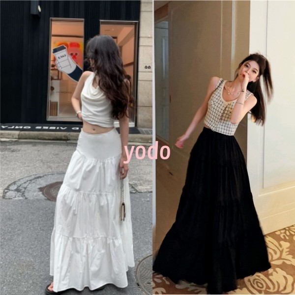 YODO กระโปรงมิติผู้หญิง สีดำสีขาวสองสี ทรงยาว กระโปรงทรงเค้กอ่อนโยนขอบทรงบัวทรงเอสไตล์เกาหลี#2051
