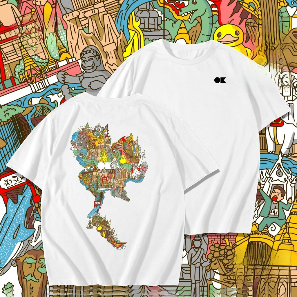 เสื้อยืด Thailand Map Landmark Illustration ลายแผนที่ไทยท่องเที่ยว สตรีทฮาร์ดคอร์ ยูนิเซ็กซ์ ผ้าฝ้าย