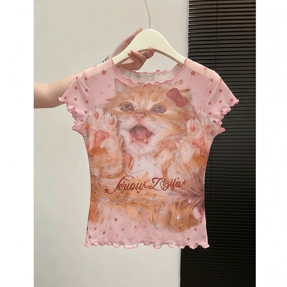Milyfashion เสื้อยืดแขนสั้นพิมพ์ลายลูกไม้ลําลอง Y2K 2LLE