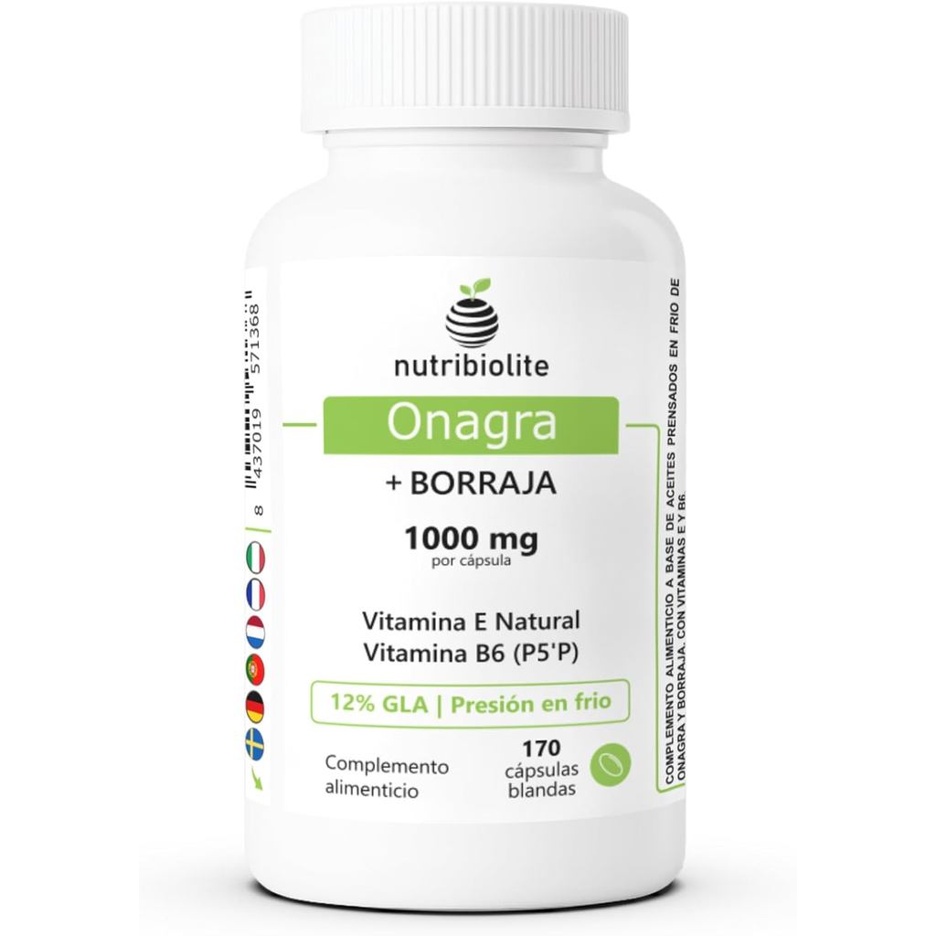 Aceite de Onagra y Borraja perlas 1000 มก. - 12% GLA, Vitamina E Natural y B6 coenzimada (P5P) - ฮอร