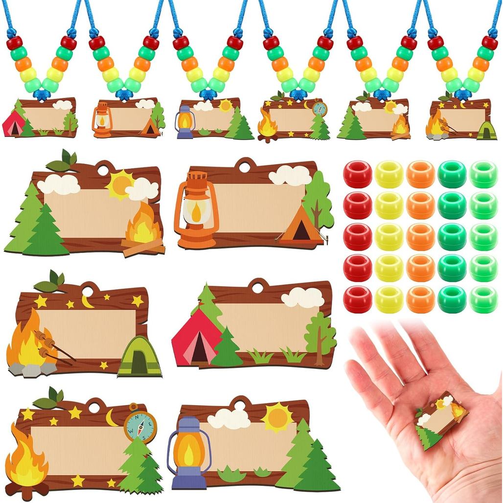 Geelin 24 ชุดแคมป์หัตถกรรมลูกปัดสร้อยคอหัตถกรรมชุด Camping Party Favors ธีมชื่อแท็ก Travel Adventure