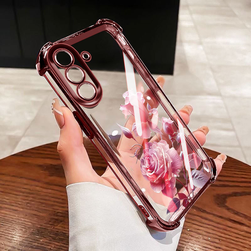 YBD Anti Fall Four Corner สําหรับ Samsung Galaxy A27 5G เคสโทรศัพท์ใสขั้นสูง Red Rose รวมทุกอย่างถุงลมนิรภัยป้องกัน