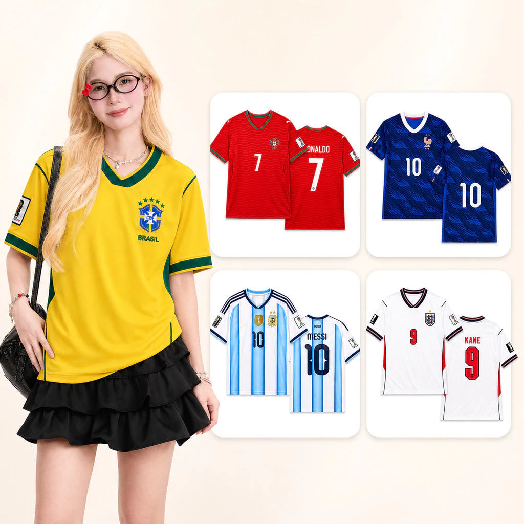 เสื้อฟุตบอลผู้หญิงสไตล์ทีมชาติ คอวี ทรงหลวมโอเวอร์ไซซ์ บราซิล อาร์เจนตินา โปรตุเกส ฝรั่งเศส อังกฤษ