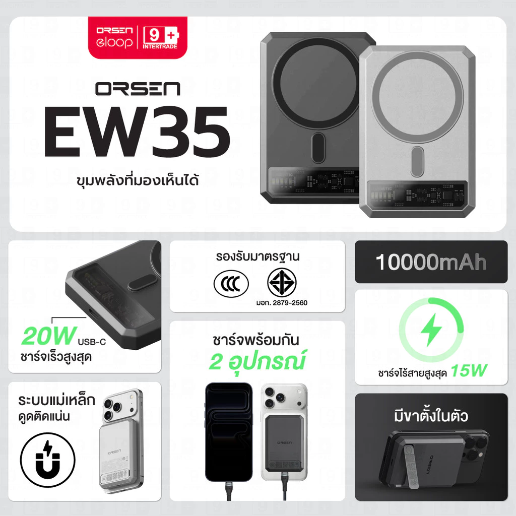 [CCC+Qi2] Orsen by Eloop EW35 CCC แบตสำรอง 10000mAh ชาร์จเร็ว 20W พาวเวอร์แบงค์ ชาร์จไร้สาย แม่เหล็ก มีขาตั้ง มอก. thumbnail 4