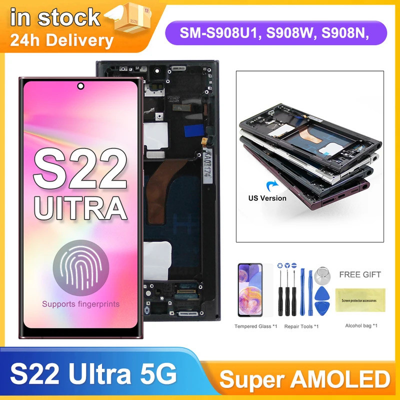 หน้าจอ Super AMOLED สําหรับ Samsung Galaxy S22 Ultra 5G S908B S908B/DS จอแสดงผล Lcd หน้าจอสัมผัสดิจิ