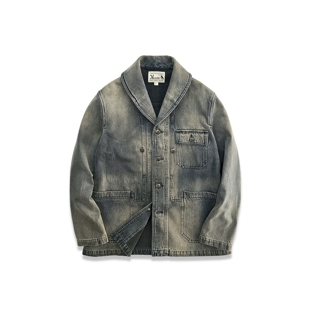 Silibu American Retro สีเขียวผลไม้ Denim Cargo Jacket เสื้อแจ็คเก็ตผู้ชาย Ami สีกากีย้อมสี Distresse