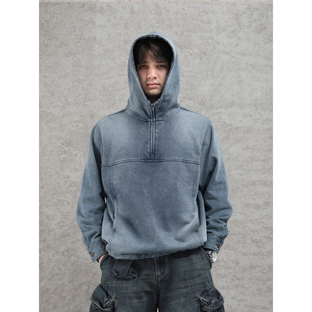 Silibu Drawstring Half Zipper Sweatshirt Hooded Khaki Retro Dyeing Loose Pullover Hoodie Men Jacket 