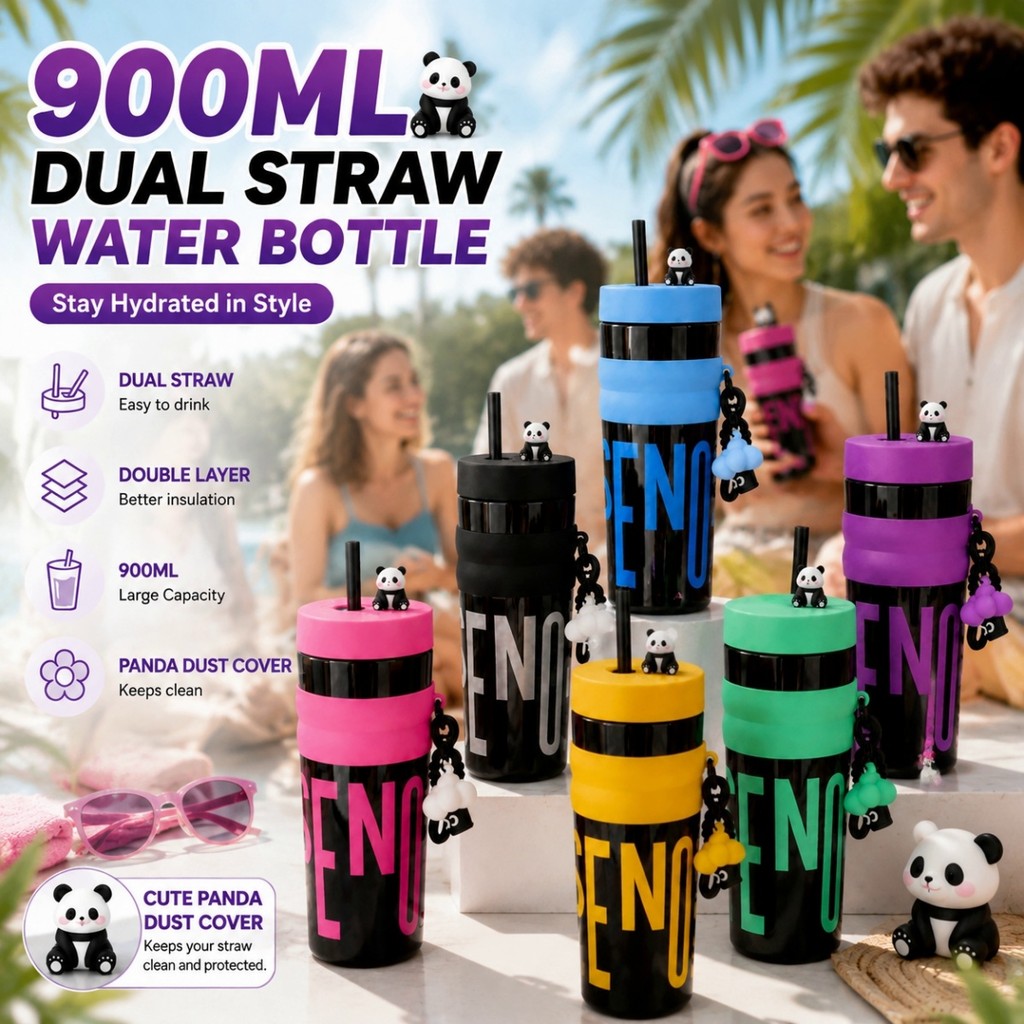 🐼COD แพนด้าฉนวนแก้วน้ำพลาสติกชั้น 900 มล. หลอดคู่รูปแบบการเฉลิมฉลองสำหรับกิจกรรมการเรียนรู้กีฬา