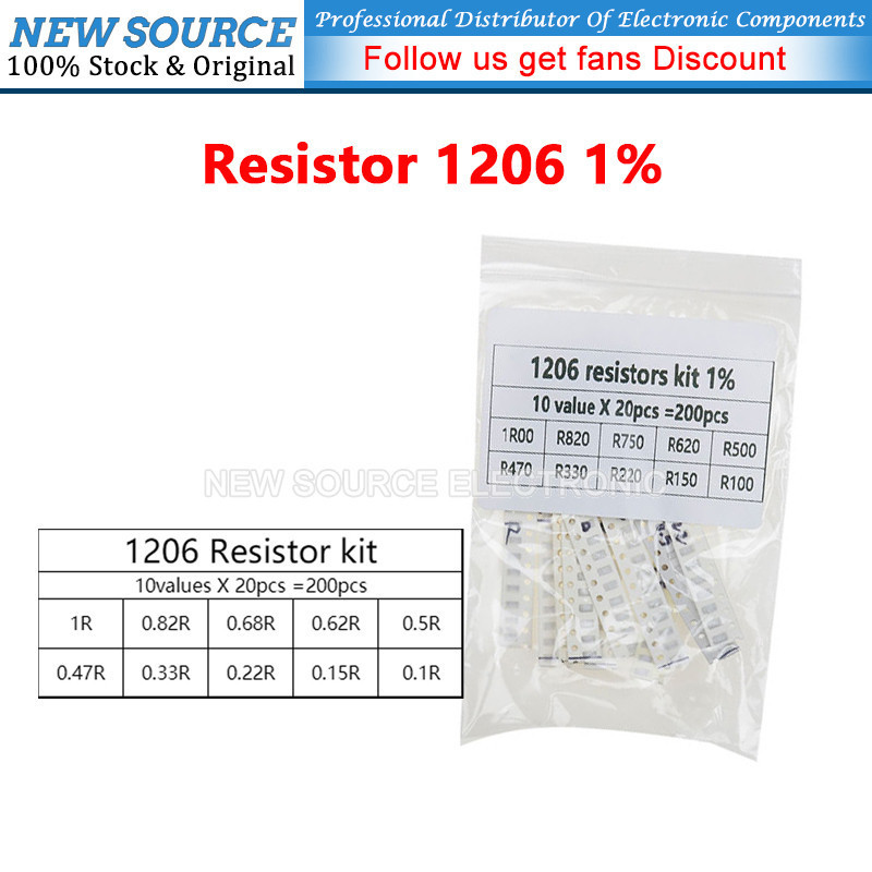 [200PCS] 1206 SMD Resistor Assorted Kit 10ValuesX 20PCS 1% 0.1R 1R 0.22R 0.33R 0.47R 0.15R 0.68R Ohm