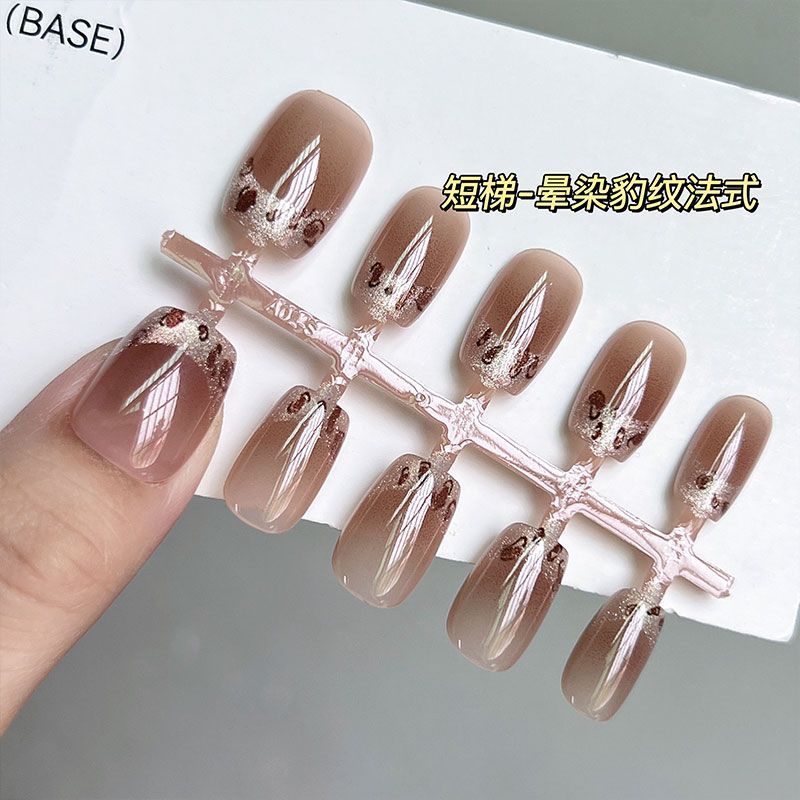 มาใหม่❤❤❤ Smudge Leopard Print French Cats Eye Nails ที่ถอดออกได้สําเร็จรูป Handmade Nails Patch แผ่