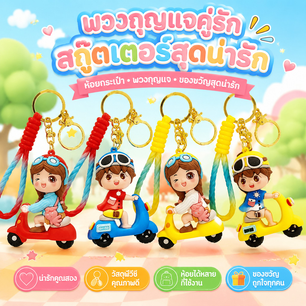 พวงกุญแจคู่รัก การ์ตูนน่ารัก สไตล์เกาหลี แขวนรถมอเตอร์ไซค์-รถยนต์ได้ ของขวัญวันวาเลนไทน์ ของขวัญครบรอบ