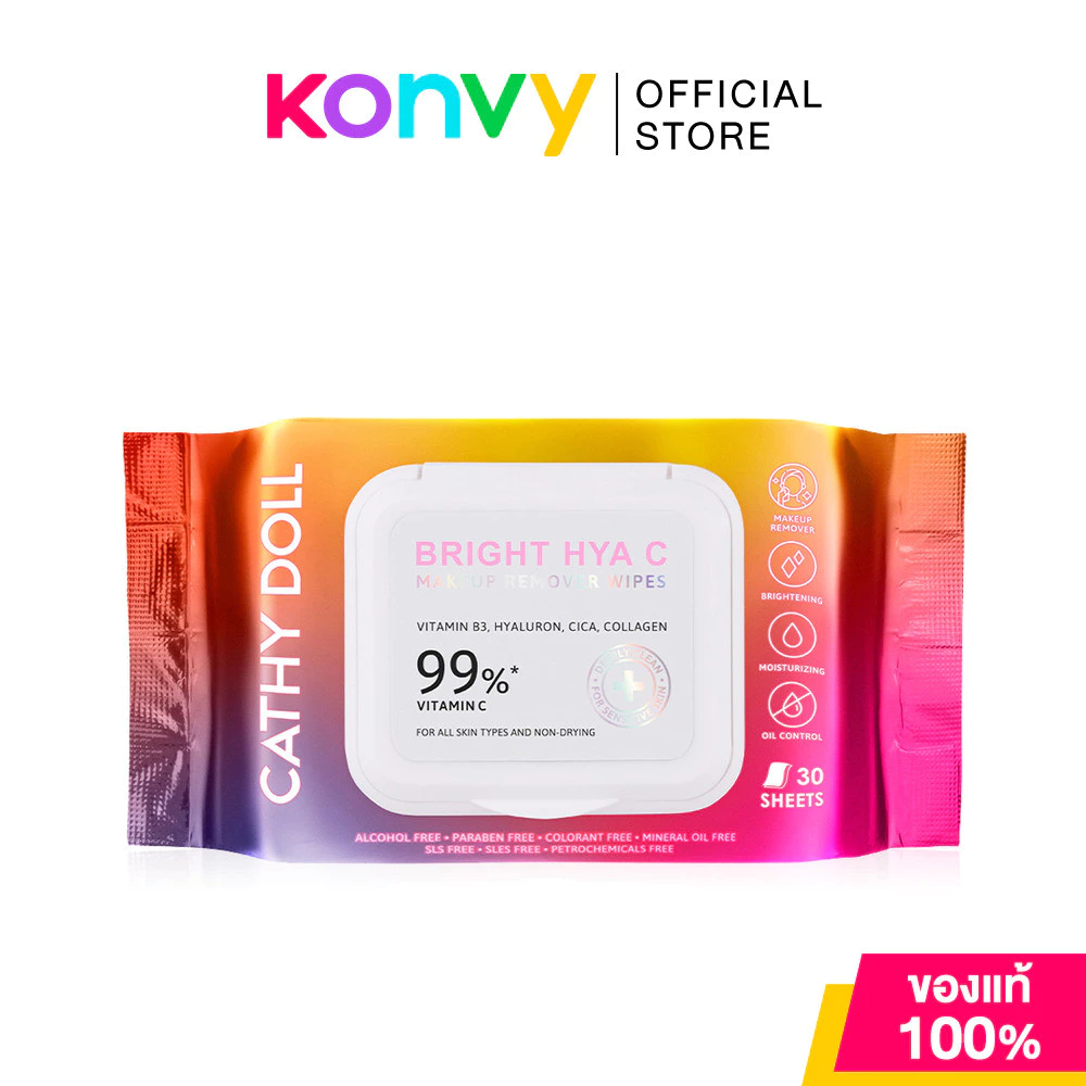 Cathy Doll Bright Hya C Makeup Remover Wipes 30 Sheets เคที่ ดอลล์ แผ่นเช็ดเครื่องสำอางและทำความสะอาดผิวหน้า.