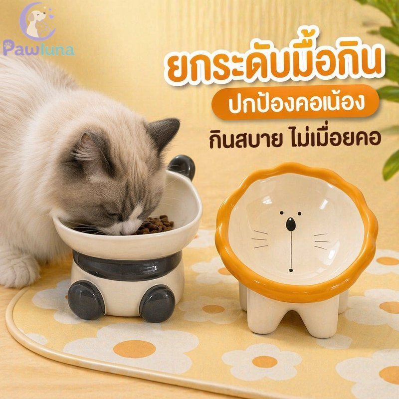 ชามสัตว์เลี้ยงเซรามิกยกชามอาหารแมวปากกว้างทําความสะอาดง่ายการ์ตูนสุนัขชามน้ําคอ การดูแล