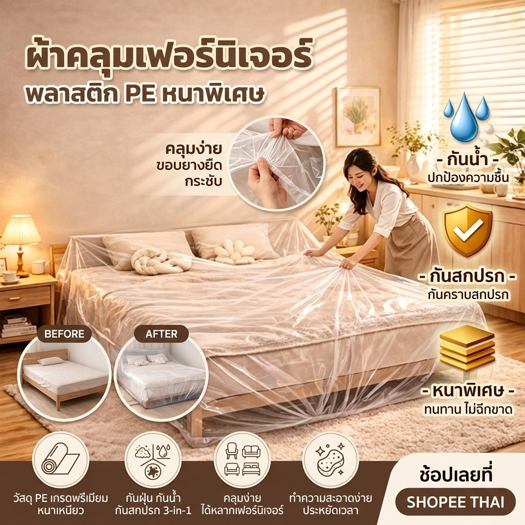 【กันน้ำ กันสกปรก】PPH ผ้าคลุมกันฝุ่นแบบรูดสายขนาดใหญ่และหนา ถุงพลาสติกใสคลุมเตียง ผ้าคลุมเฟอร์นิเจอร์