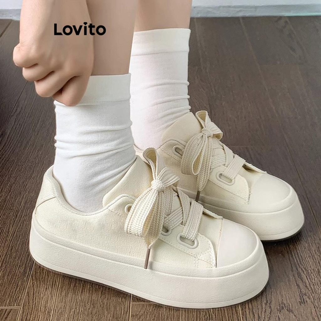 Lovito รองเท้าผ้าใบแบบลำลองสำหรับใส่ทุกวัน สไตล์เกาหลี พื้นหนา สำหรับผู้หญิง LFA20372