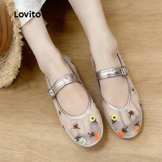 Lovito วันหยุด Mary Janes รองเท้าลําลอง ลายปักผ้าตาข่าย โทนแอปริคอต ผู้หญิง รุ่น LFA112032