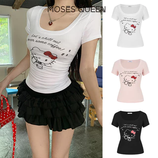 MOSESQUEEN เสื้อยืดแขนสั้นคอวีเผ็ด KT cat ทรงสวปท์สไตล์อเมริกัน ทรงเข้ารูป ทรงเข้ารูป ทรงเข้ารูป เอว-cinching top #63753