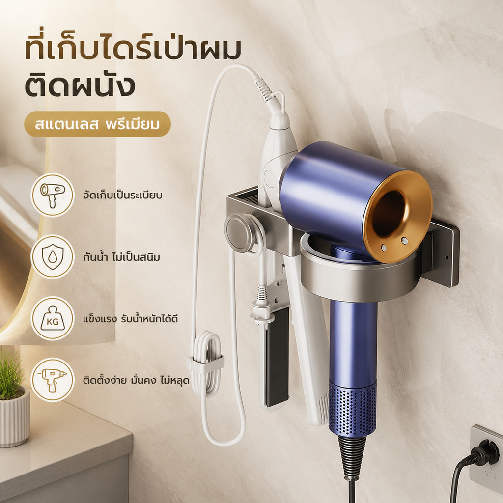 พร้อมส่งจากไทย ชั้นวางติดผนังใส่อุปกรณ์ทำผม วัสดุอลูมิเนียม กันชื้นไม่เป็นสนิม ติดตั้งไม่เจาะผนัง