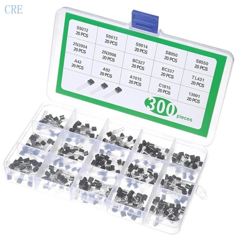 CRE 300 ชิ้นคอลเลกชันทรานซิสเตอร์ป้องกันรวมกล่อง S9012 S9013 S9014 S8050 S8550 2N3904 2N3906 BC327 B