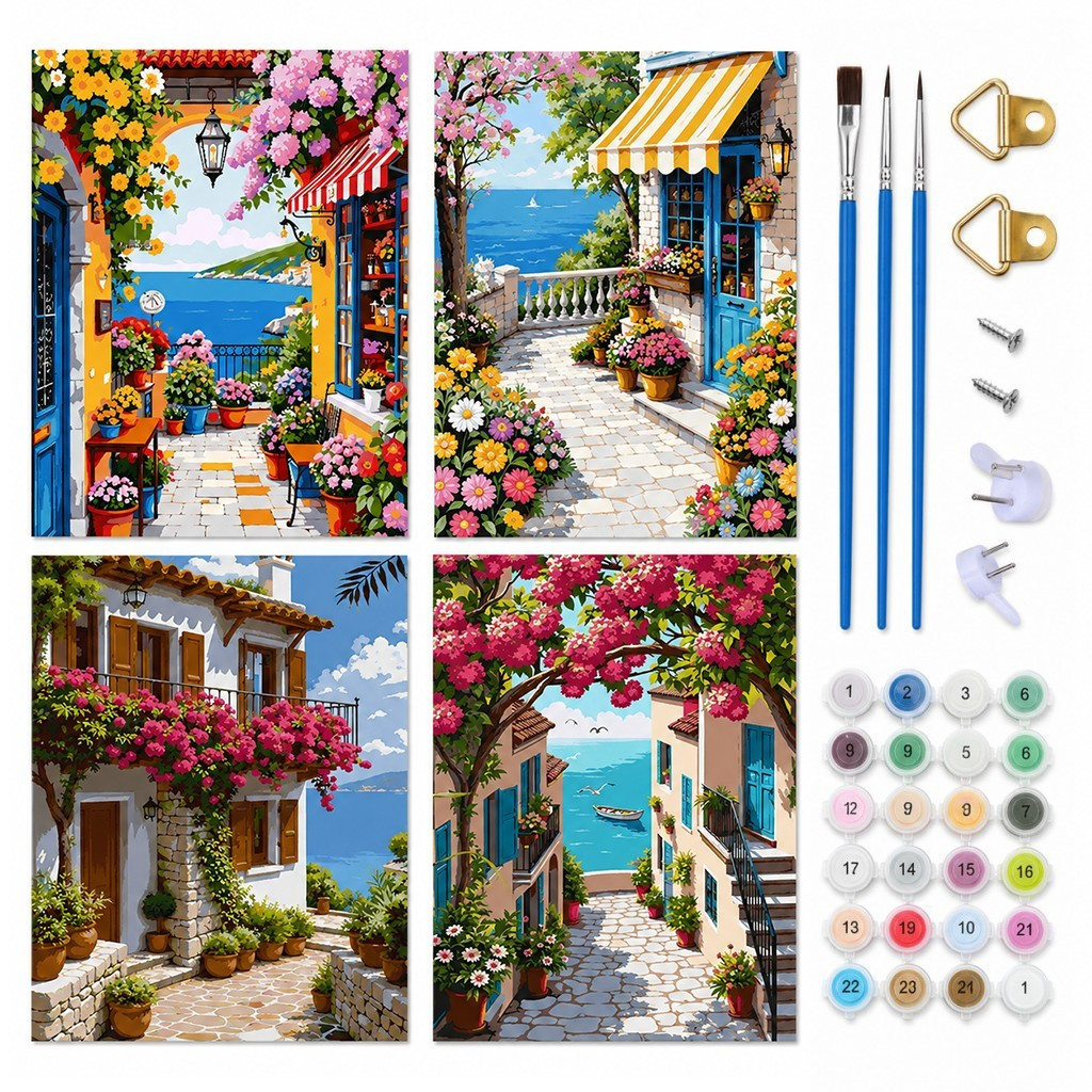 ชุดระบายสีตามตัวเลขสําหรับผู้ใหญ่ Coastal Village Frameed Canvas DIY Art 30x40cm Beginner