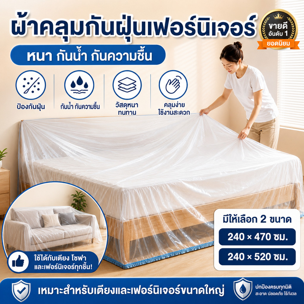 ผ้าคลุมเฟอร์นิเจอร์กันฝุ่น 240x470/240x520 ซม. หนาพิเศษ ยืดหยุ่น กันน้ำ ทนทาน ใช้คลุมเตียงและเฟอร์นิเจอร์