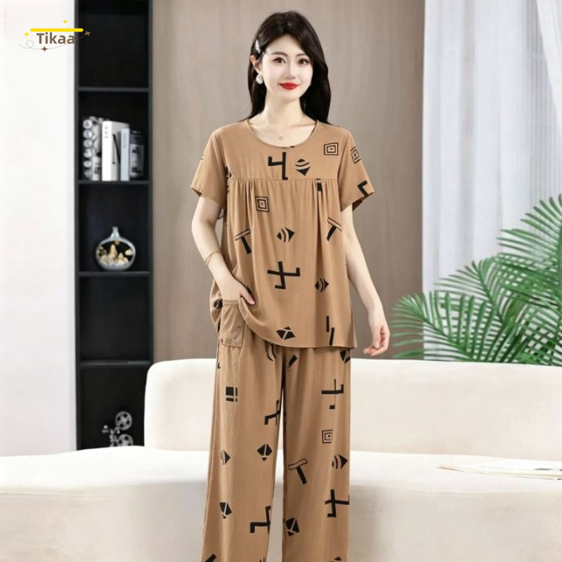 เสื้อผ้าบ้านของผู้หญิงใหม่ชุดหลวมแฟชั่นฤดูร้อนกางเกงแขนสั้นบางชุดสองชิ้น
