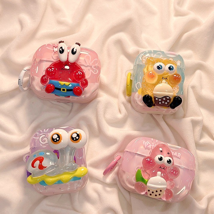 การ์ตูนสามมิติ SpongeBob SquarePants Series AirPods เคสป้องกันเหมาะสําหรับ AirPods ชุดหูฟังบลูทูธแบบเต็มช่วงเคสป้องกัน