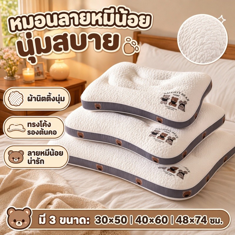 หมอนลายหมีน้อย ผ้านิตติ้งนุ่ม 3 ขนาด (30x50/40x60/48x74 ซม.) รองรับสรีระศรีษะของเด็กได้ดี กันไรฝุ่น นุ่มเด้ง เย็นสบาย