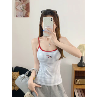 Vogue🌟พร้อมส่ง🌟 เสื้อยืดสายเดี่ยวลายการ์ตูนผสมผ้าสก็อต รุ่นใหม่ฤดูร้อนมีฟองน้ำในตัว สวยน่ารัก (FY3023)