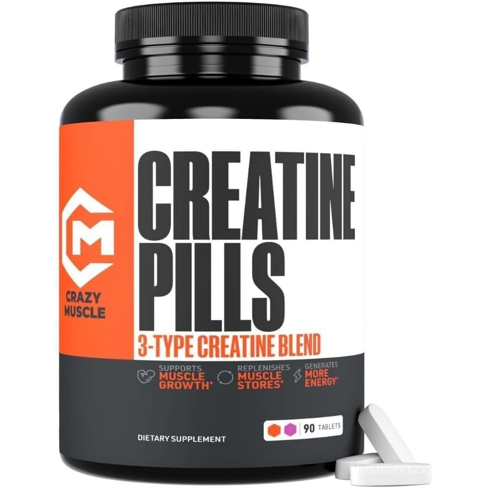 Crazy Muscle ThreeAtine Creatine Monohydrate Pills 5g Pure, 3X Formula for Muscle Support & Training