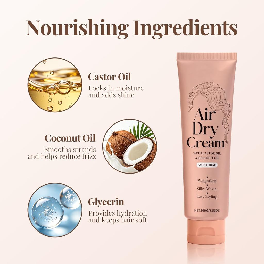 Air Dry Cream for Hair, Smoothing Style Cream, Hair Cream with Castor Oil & Coconut Oil, Frizz Contr