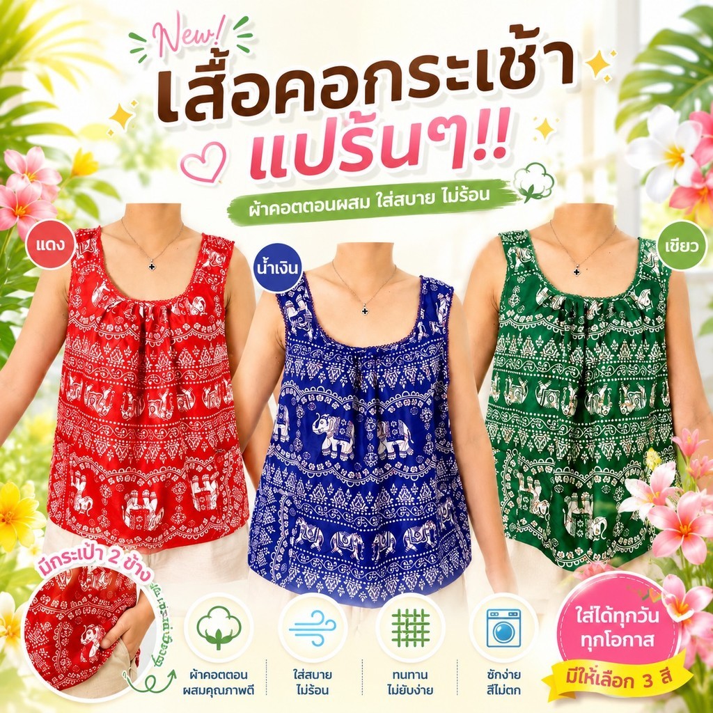 เสื้อคอกระเช้า แบบคอถัก ลายช้าง ผ้าคอตตอน มีกระเป๋า 2 ข้าง คอพวง ไม่ร้อน ผ้านิ่มใส่สบาย ยิ่งซักยิ่งนิ่ม G01