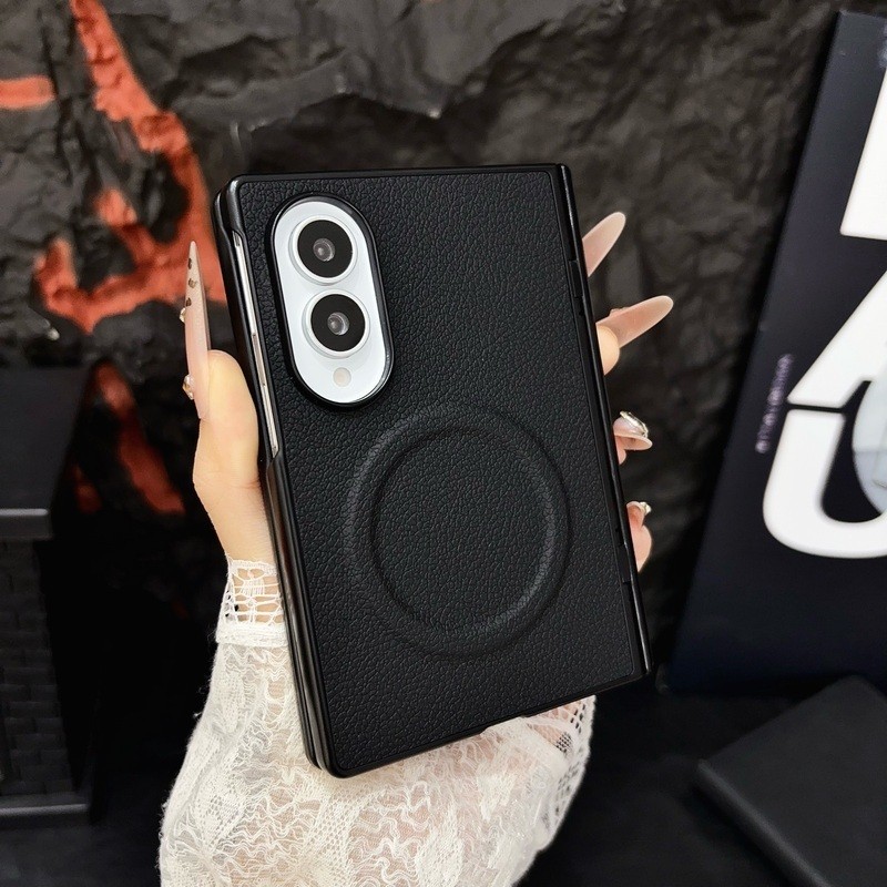 หรูหราลิ้นจี่รูปแบบหนัง PC Auto-rebound บานพับแม่เหล็ก Hard เคสโทรศัพท์สําหรับ Samsung Galaxy Z พับ 8 Fold8 รุ่นกว้างฝาครอบปลอกพร้อมกันชนหน้า