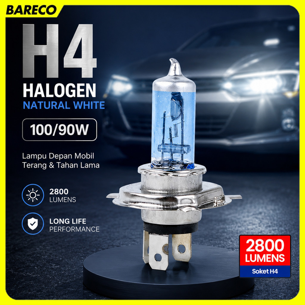 ไฟหน้ารถฮาโลเจน H4 สีขาวธรรมชาติ 100/90W 1PC - P43T