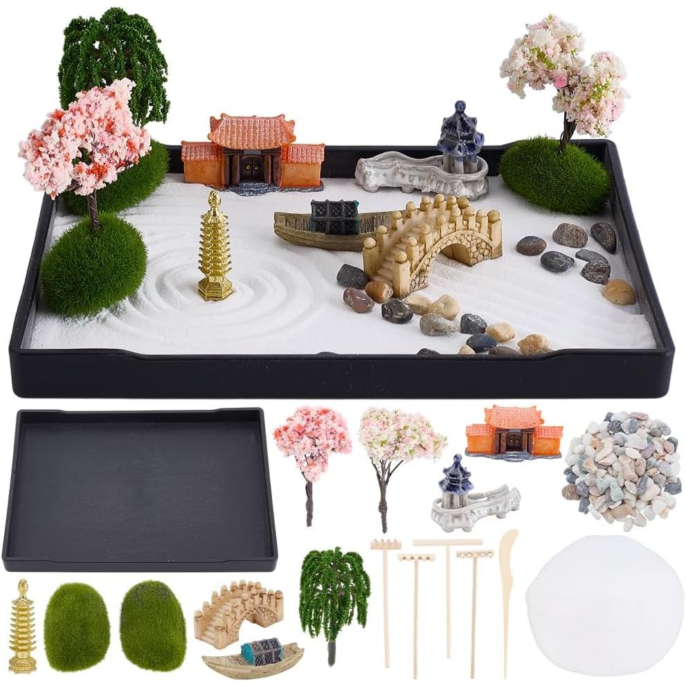 WEBEEDY Zen Garden ชุดสําหรับโต๊ะ,มินิญี่ปุ่นเดสก์ท็อป Sandbox Include คราด,ต้นไม้ประดิษฐ์,Pagoda,Br
