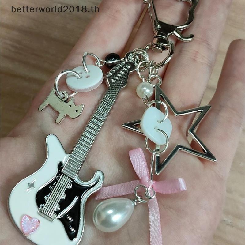 [bet] Y2K กีตาร์แมวพวงกุญแจสําหรับผู้ชายผู้หญิง Cool Pentagram Bow จี้แฟชั่น Ro Punk กระเป๋าอุปกรณ์เ