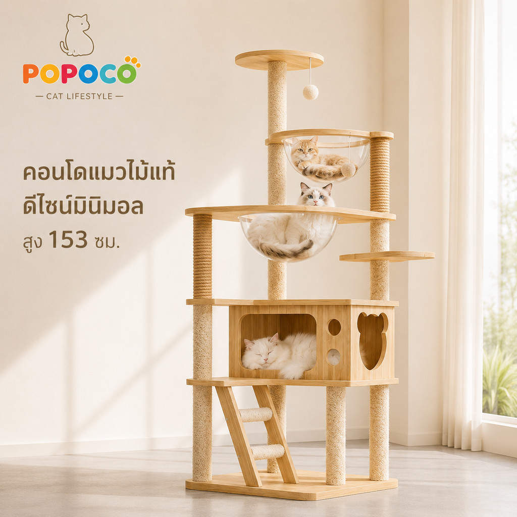 【POPOCO】คอนโดแมว บ้านแมวไม้พรีเมียม สำหรับแมวหลายตัว ดีไซน์สวย มีที่นอน หลุมอะคริลิก เสาลับเล็บ ของเล่นแมว