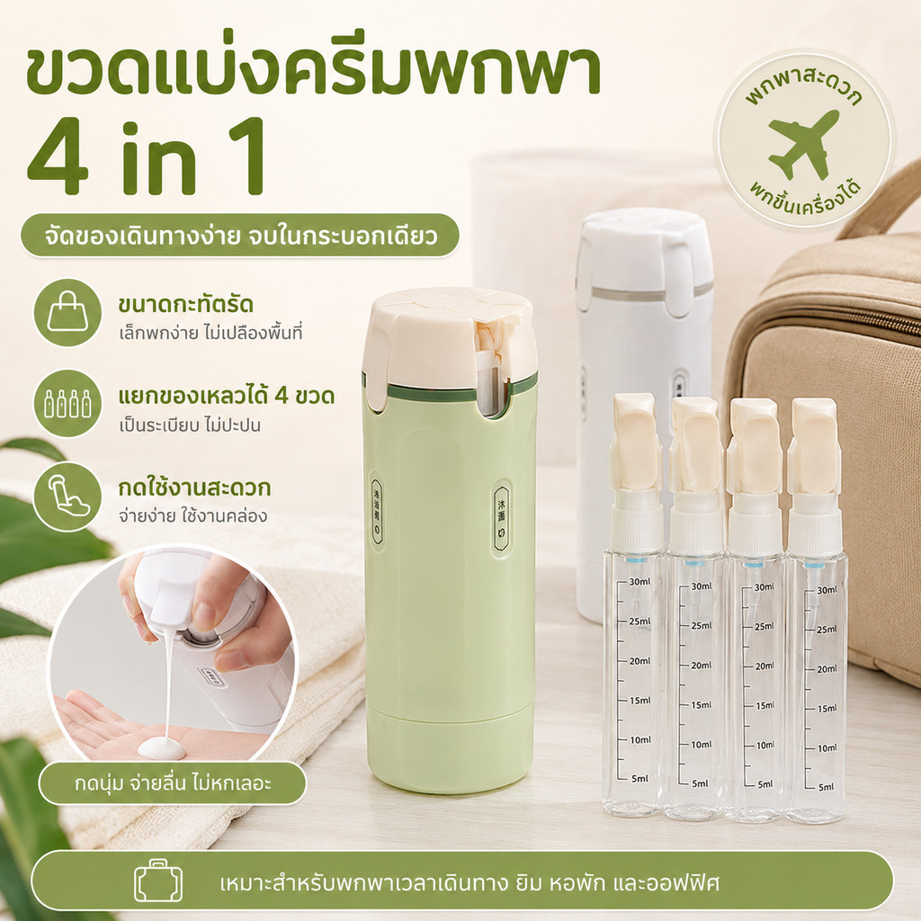 🚚 ส่งไว ขวดแบ่งครีมพกพา 4 in 1 แยกของเหลว 4 ขวด ประหยัดพื้นที่ ขนาดกะทัดรัด ใช้เดินทาง ท่องเที่ยว ยิม และพักค้างคืน
