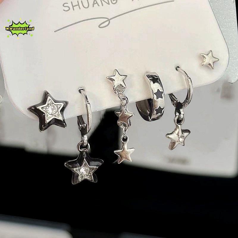[WWanderland] 6 ชิ้นชุดGoth Punk Vintage AestheticคริสตัลหัวใจMoon Cross Starจี้ต่างหูสําหรับผู้ชายผ