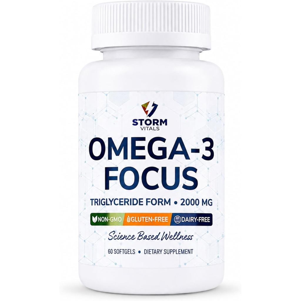 Omega-3 Focus 2000mg พร้อมสูตร Nootropic – Cicoline, DHA, EPA, B12, PQQ, Folate & P5P – Triglyceride