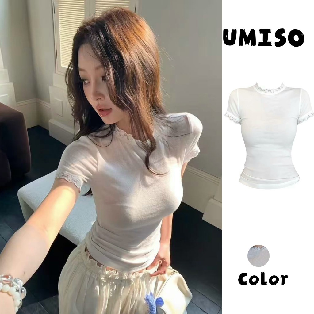UMISO เสื้อยืดคอสูงแต่งลูกไม้ แขนสั้น เสื้อผู้หญิงเข้ารูป โชว์เอว ลุคหวานเกาหลี ดีไซน์เว้าหลัง แฟชั่น ส่งไวจากไทย