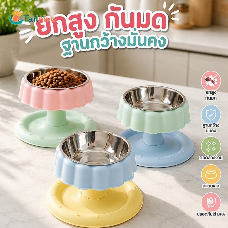 ยกระดับชามอาหารแมวป้องกันมดฐานกว้างรั่วไหลหลักฐานถอดล้างง่ายสแตนเลสแทรก