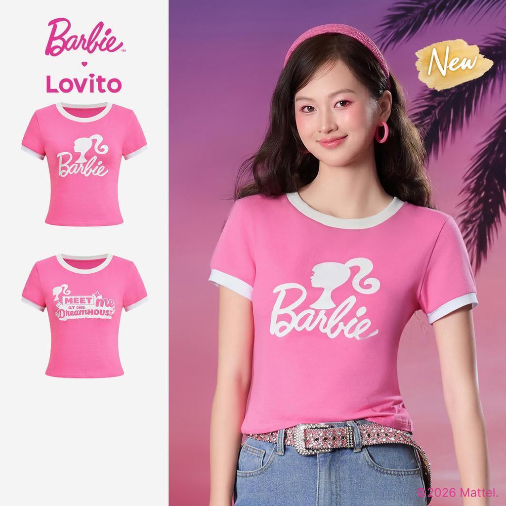 (New Arrival) Barbie™ X Lovito เสื้อยืดลำลองผู้หญิง ฤดูใบไม้ผลิ/ร้อน แขนสั้น คอกลม สีตัดกัน เกาหลี อินเทรนด์ LBL5AD002