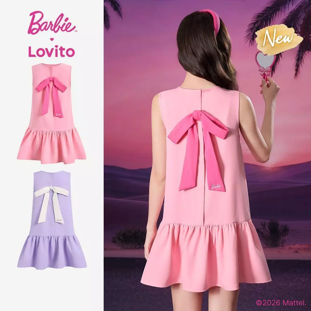 (New Arrival) Barbie™ X Lovito ชุดเดรสสีม่วงสั้นผู้หญิง ฤดูใบไม้ผลิ/ร้อน ทรงเอ สีตัดกัน โบว์หลังและปักลาย เกาหลี อินเทรนด์ LBL5AD048