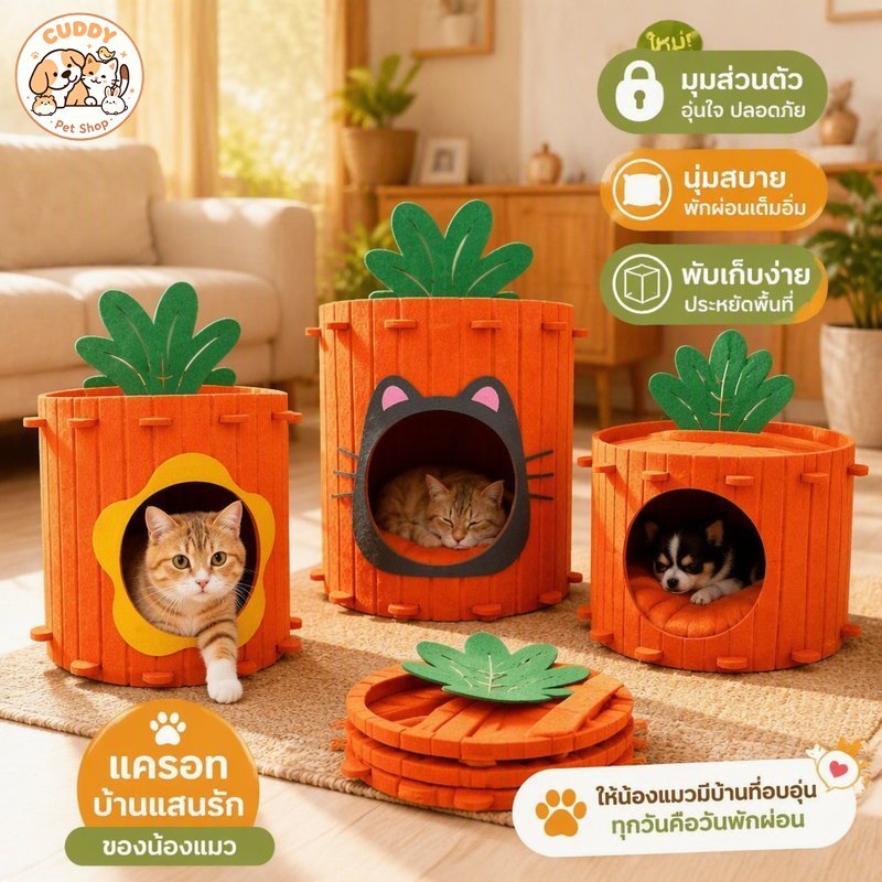 บ้านแมว ที่นอนสัตว์เลี้ยง แบบแครอท เบาะนุ่ม ถอดซักได้ บ้านนอนแมว สุนัข ขนาดเล็ก พับเก็บได้
