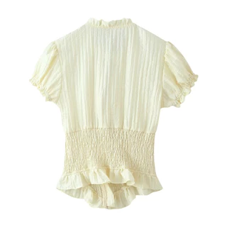 Ruffle Tie Blouse เสื้อเบลาส์ผู้หญิงคอผูกโบว์ขอบฟริลล์ แขนพองเอวย่นรัดทรงสัดส่วนดี ผ้าลายร่องบางเบา มี2สี ครีมอ่อน/น้ำตาล Size S-L