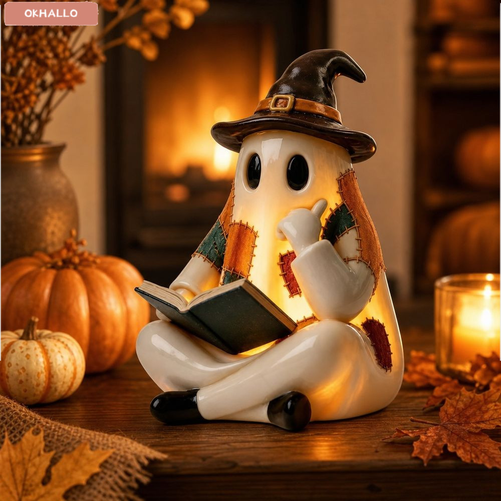 OKHALLO ฮาโลวีน Light Up Ghost ตุ๊กตา, แบตเตอรี่ดําเนินการเรซิ่นฮาโลวีน Ghost Figurine, Warm LED Lig